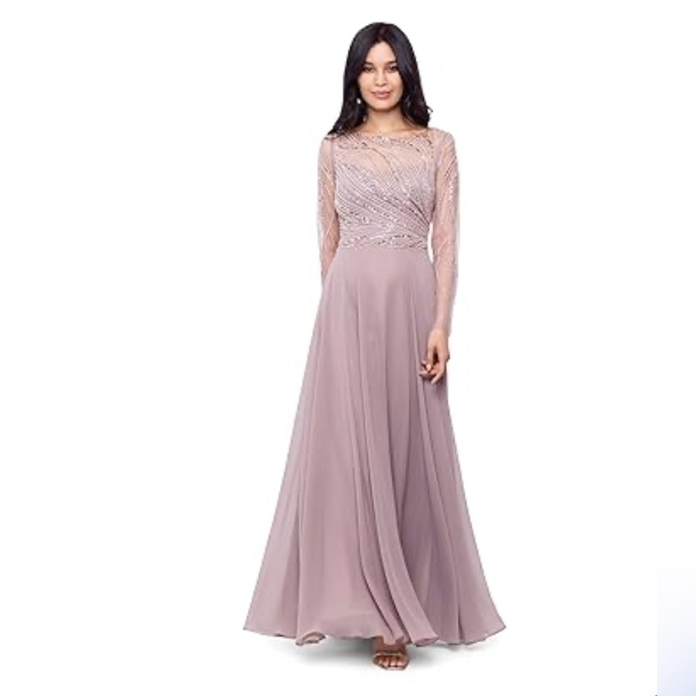 Xscape Evenings Long Chiffon Dress with Illusion Sequin Long Sleeves (Blush)